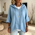 thumbnail image 4 of Women's Plus Size Hooded Knit Sweater Oversized V Neck 3/4 Batwing Sleeve Drawstring Hoodies Loose Tunic Pullover Winter Layering Tops Sky Blue, 4 of 5