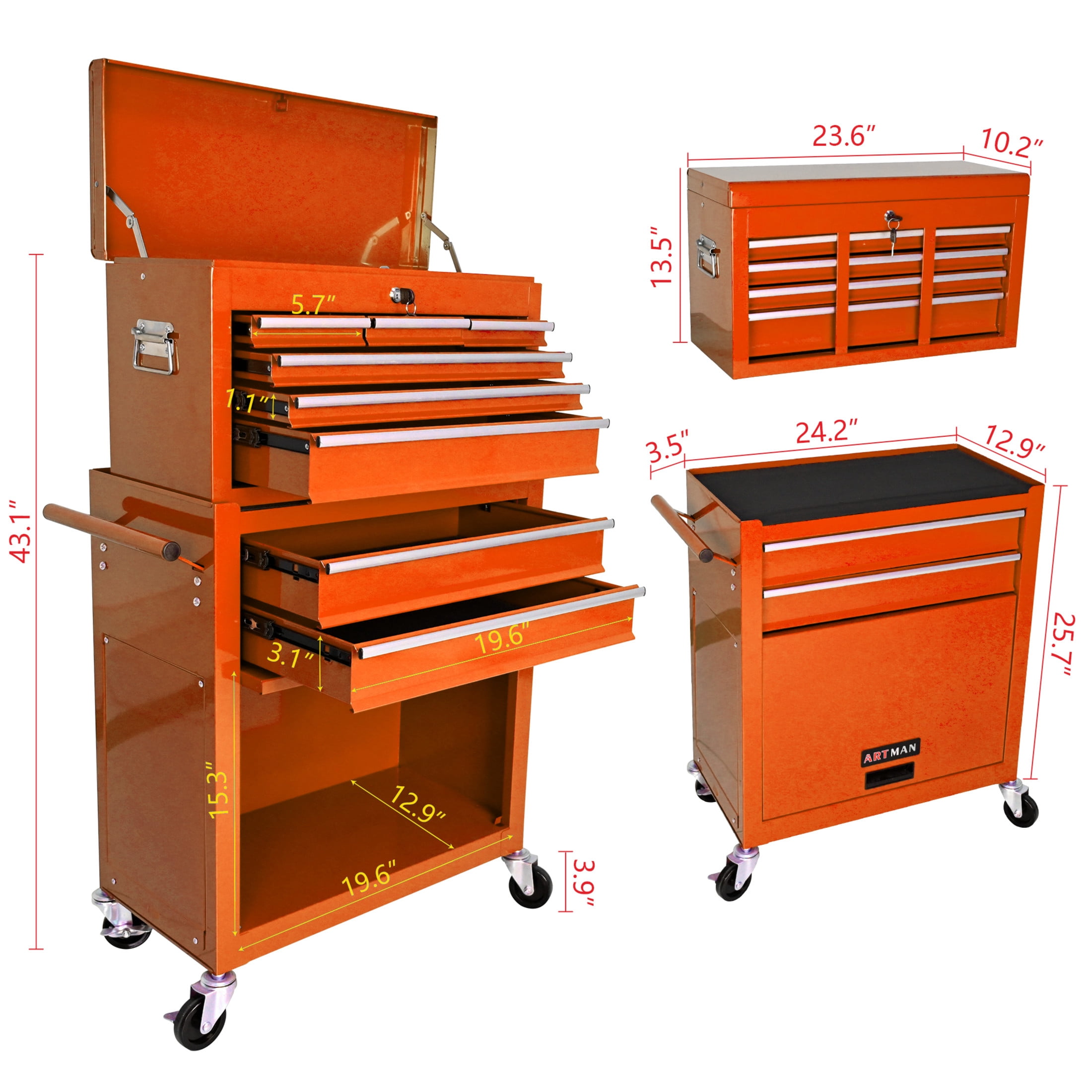 Noble House Heavy-Duty Rolling Tool Chest, 8-Drawer Steel Storage Box Organizer with Detachable Box, Orange