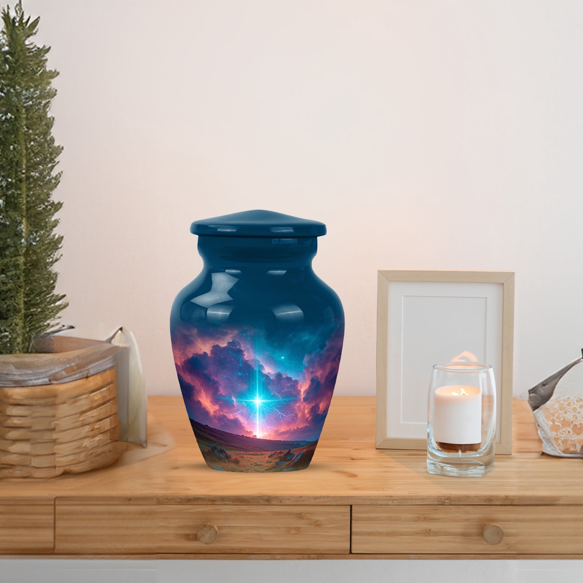 MUKTIVE Cross Small Cremation Urns for Human Ashes Female, Keepsake Navy Blue Urns for Human Ashes Adult Man, Mini Landscape Memorial Urn with Decorative Gift for Mom, 3 Inch