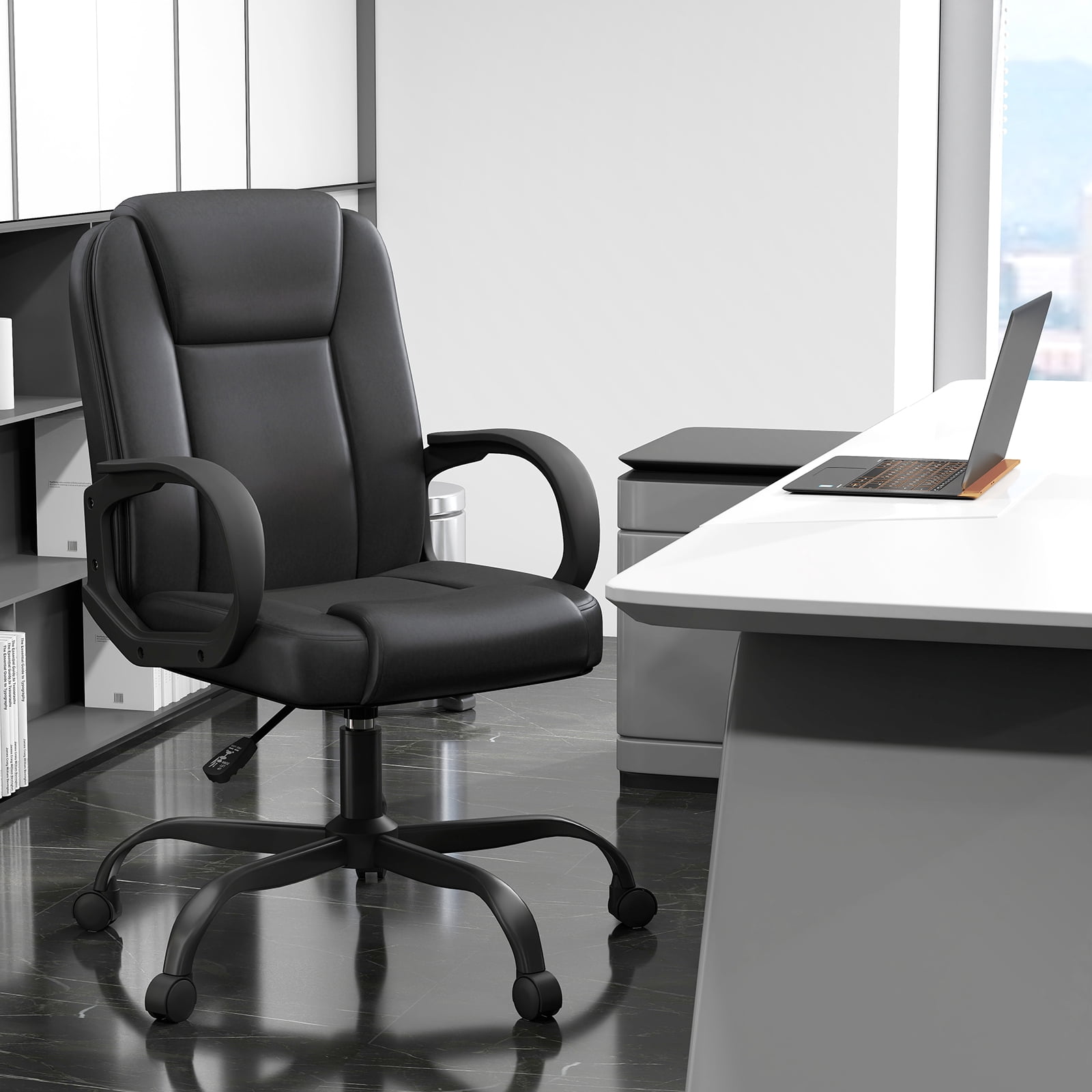 PU Leather Office Chair Mid-Back Executive Desk Chair with Lumbar Support, Black