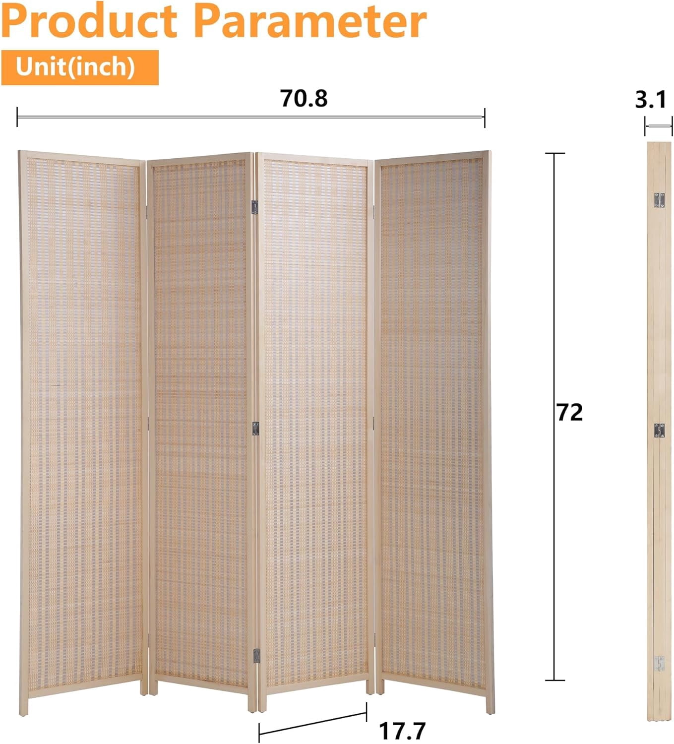 XF XINFENG Bamboo Room Dividers 4 Panel 72" Tall Folding Privacy Screen Partition Wall Divider for Living Room, No Assembly Needed, Natural