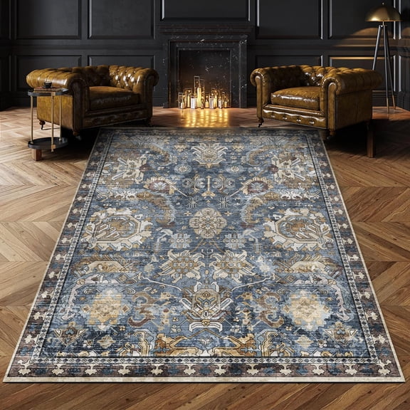 Washable Non-Slip Area Rug Navy 4 Feet by 6 Feet Rectangular