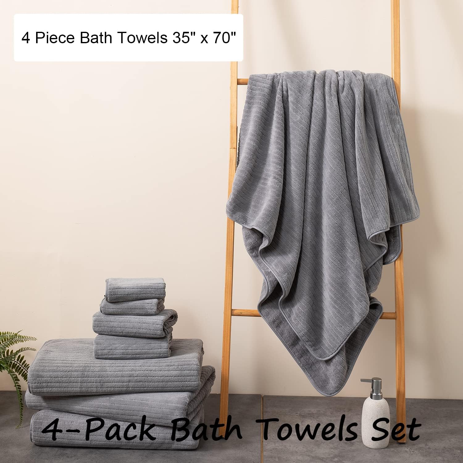 Jessy Home 4-Pack Striped Bath Towel Set, Dark Gray photo 2