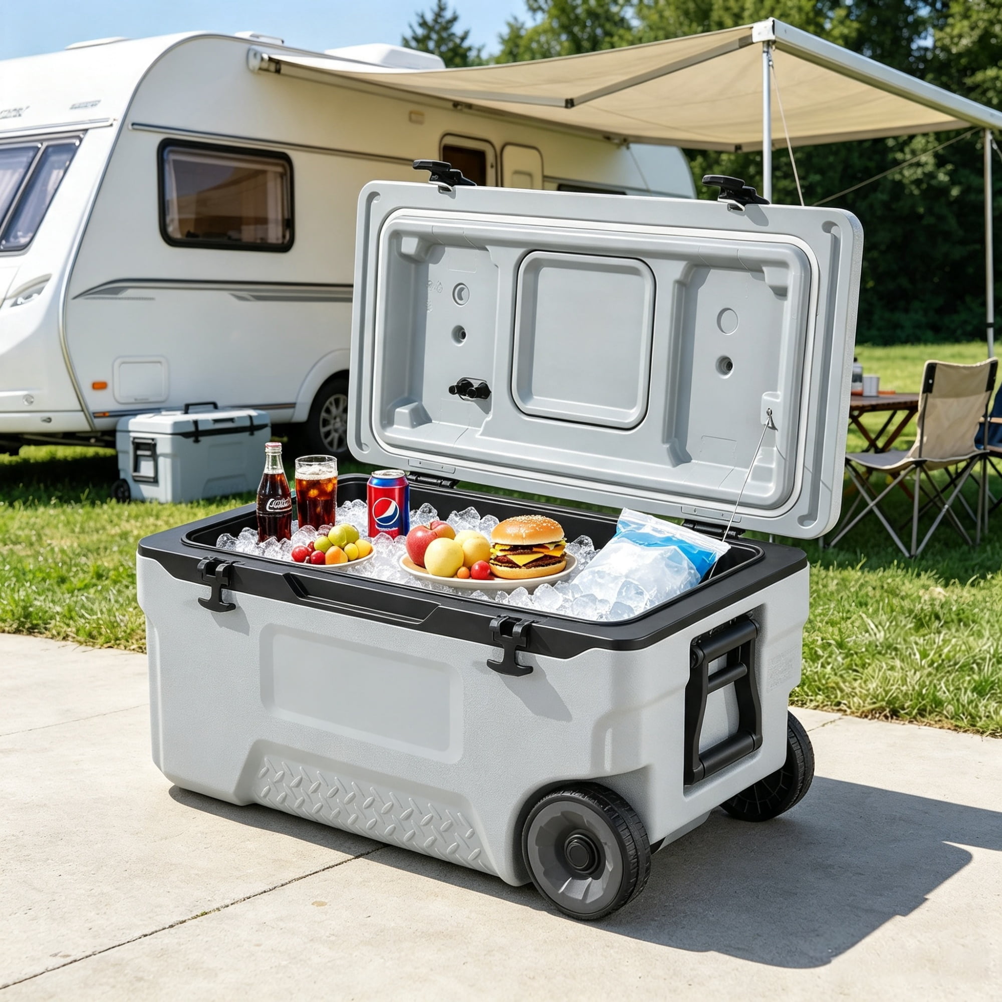 74 QT Portable Wheeled Cooler, Cup Holder & Sturdy Handles, for Family Picnics & Long Trips