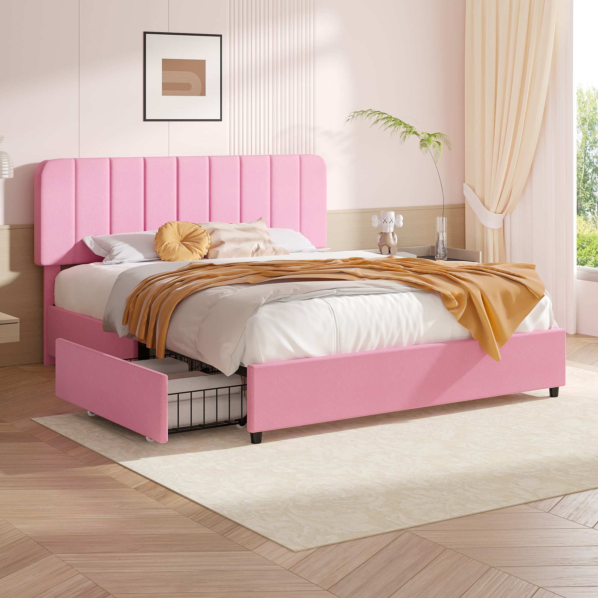 VECELO Full Size Bed Frame with 4 Storage Drawers, Modern Upholstered Platform Bed Frame with Adjustable Headboard, No Box Spring Needed, Pink