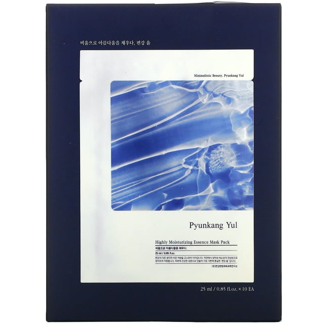 Pyunkang Yul Highly Moisturizing Essence Beauty Mask Pack, featuring 10 sheets, each containing 0.85 fl oz (25 ml) of essence. The packaging showcases a minimalistic design with a deep blue background and a central image of abstract blue textures. This sheet mask is formulated with moisturizing peptides, hyaluronic acid, squalane, and shea butter to provide deep hydration and a non-sticky, fresh feel. Ideal for calming and softening dry skin.