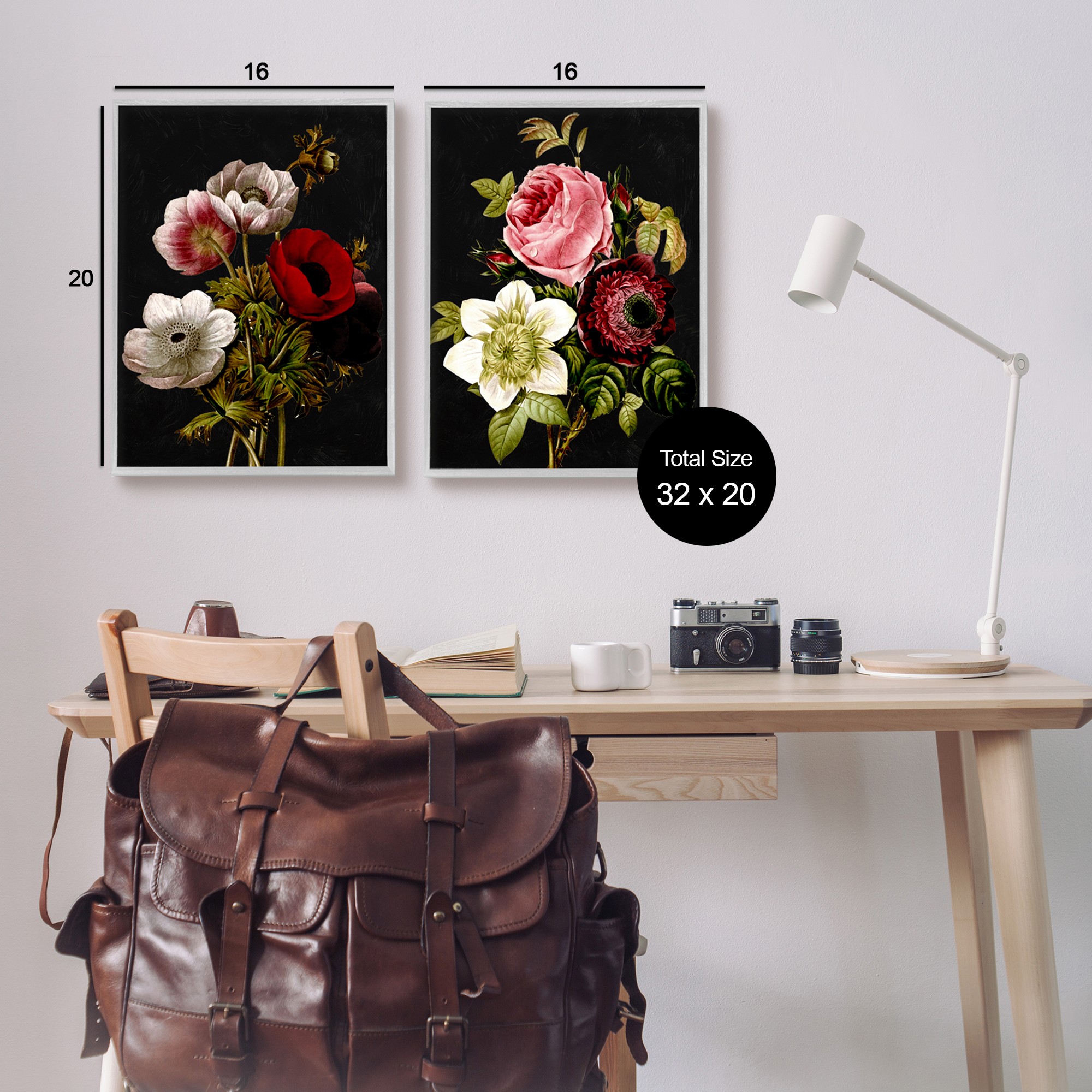 Stupell Industries Vintage Blooms on Black Botanical & Floral Painting Gray Framed Art Print Wall Art, 16 x 20, Set of 2