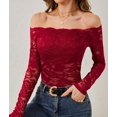 thumbnail image 4 of Women Lace Trim Off Shouder Top Long Sleeve Double Lined Y2k Trendy T Shirts Wine Red XXL, 4 of 7