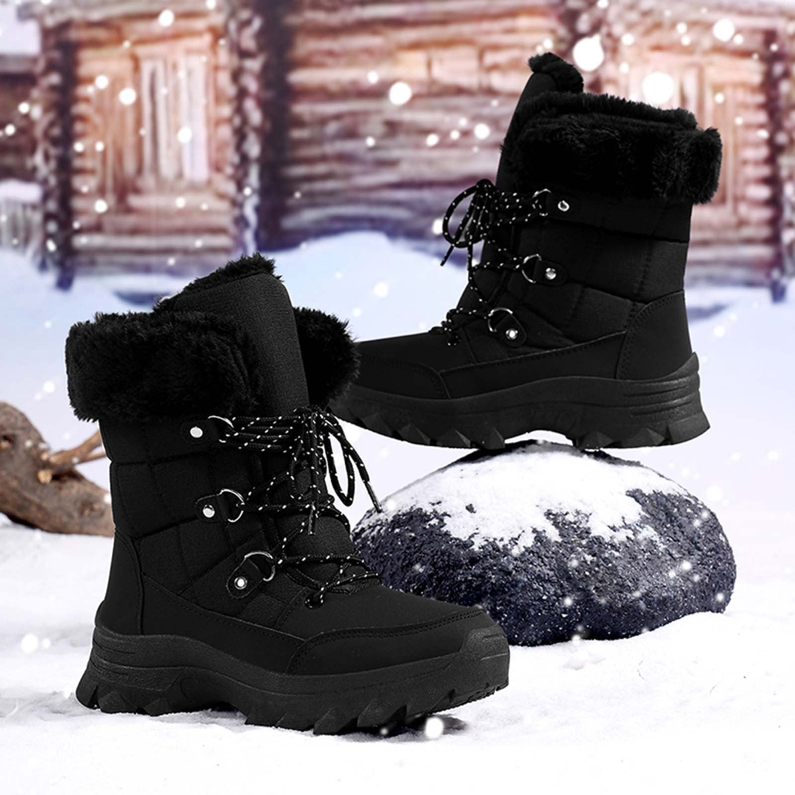Gyexs Womens Winter Snow Boots Waterproof Shoes Walking Comfortable Hiking Tennis Booties Furry Mid Calf Warm Lightweight Sports Shoes, Black, Size 9