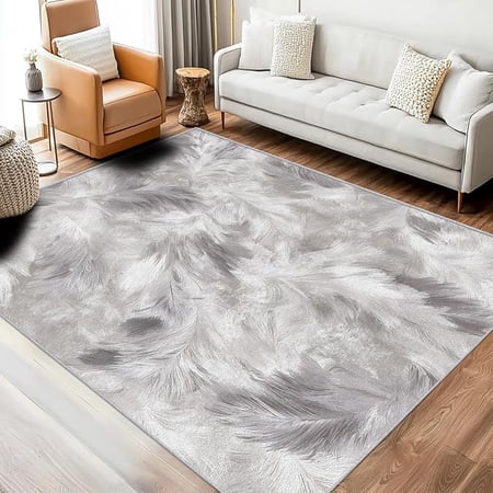Feather Rug Modern Grey Feathers Pattern Washable Living Room Bedroom Area Rugs Feather Decor for Home Soft Non Slip Indoor Carpet Low Pile Design 5 x 8ft