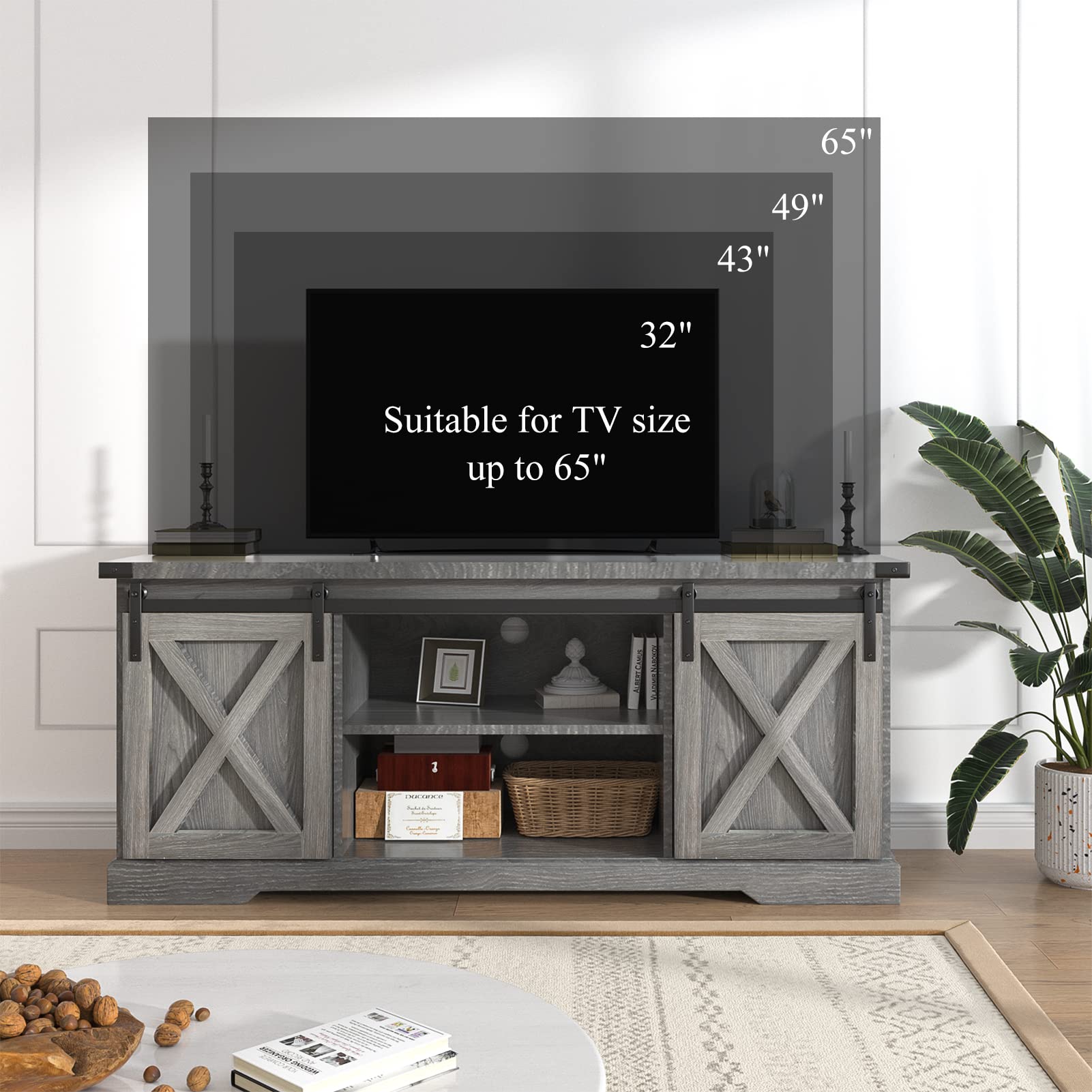 Chvans Farmhouse Barn Door TV Stand for 65 in TVs, Gray photo 2