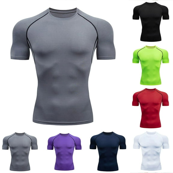 Compression Shirt Men Quick Drying Lightweight Sports Workout T Shirt Short Sleeve Crew Neck Tee Grey L