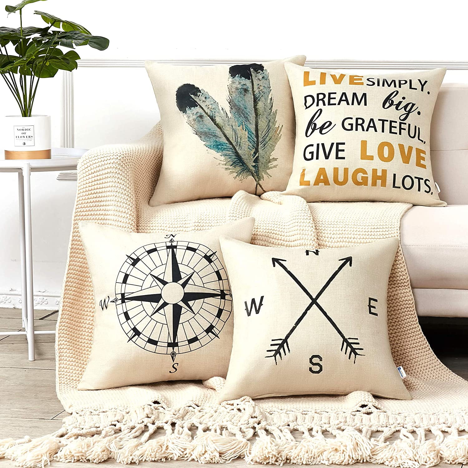 Decorative Pillow Covers 18x18 Inch Set of 4 Linen Compass Arrow Feather Live Love Laugh Quote Couch Throw Pillow Covers for Modern Farmhouse Decor Walmart