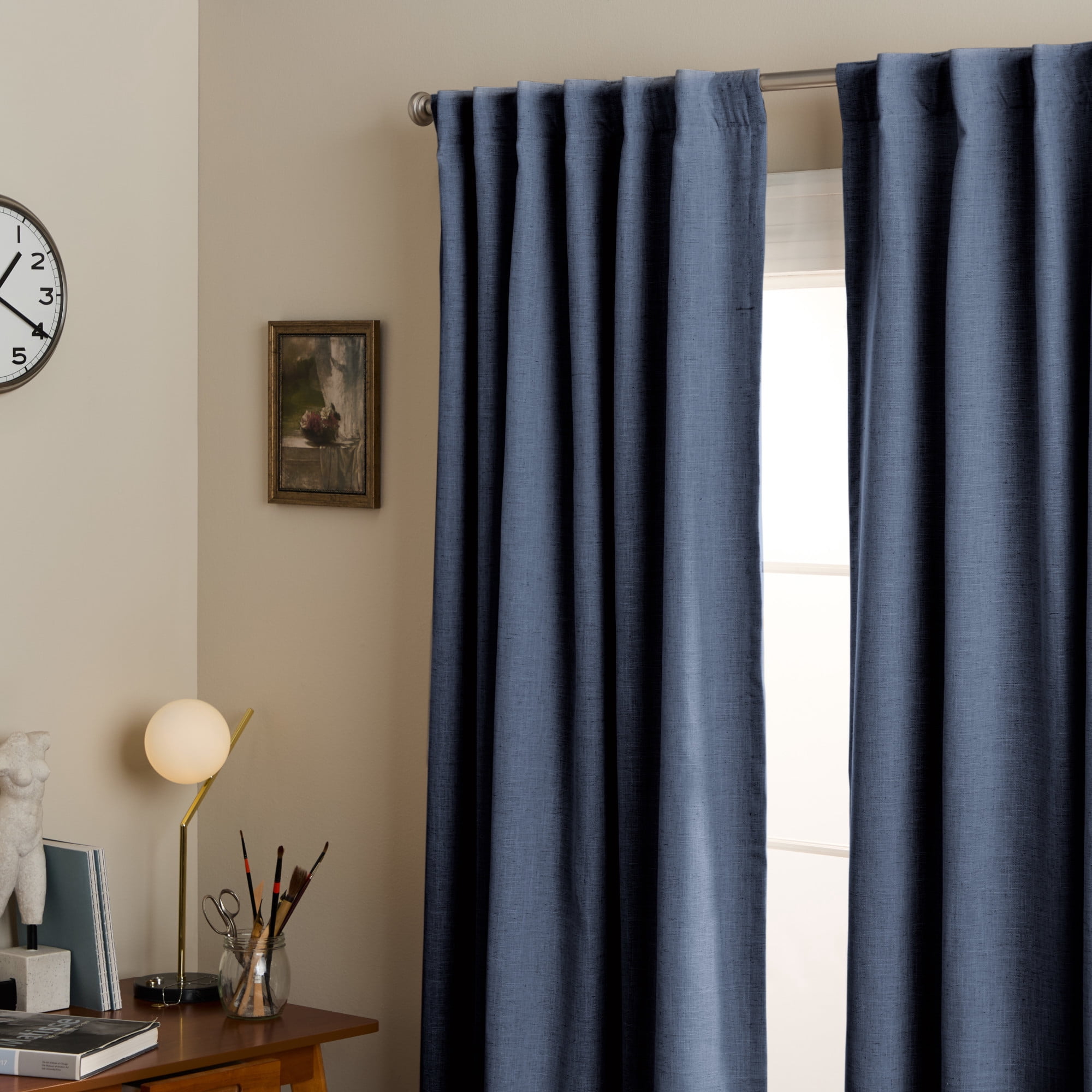 TOWN & COUNTRY LUXE Davos Solid Linen Texture Indoor Curtains, 100% Blackout with Energy Efficient Lining, Back Tab/Rod Pocket Top, 2-Pack Set, Navy Blue, 50"x84"