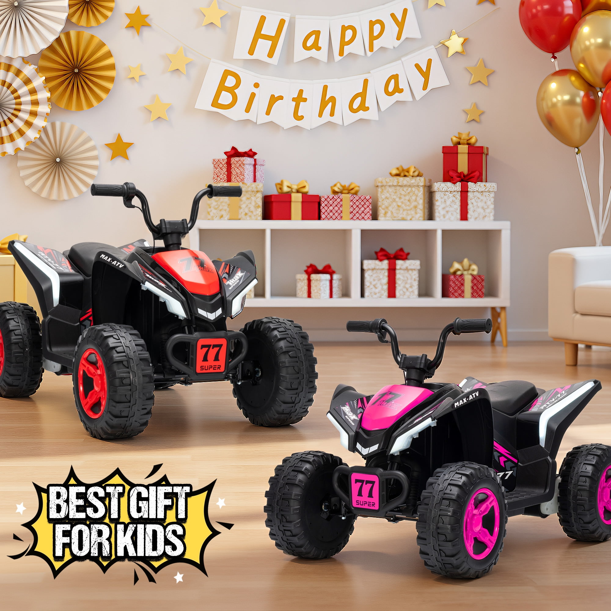 Kids ATV 4 Wheeler, Two Seater 24V Ride On Toy for Big Kid w/Unique LED Light, Music, Wireless, Story, 24 Volt Ride on Car Electric Quad for Boys Girls, Pink