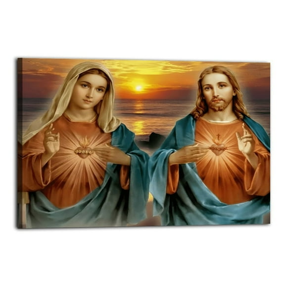 Jesus And The Sacred Heart of Mary Poster Wrapped Wooden Frame Wall Decor,Made in USA,Canvas Wall Art for Living Room,Bedroom,Office,Ready to Hang