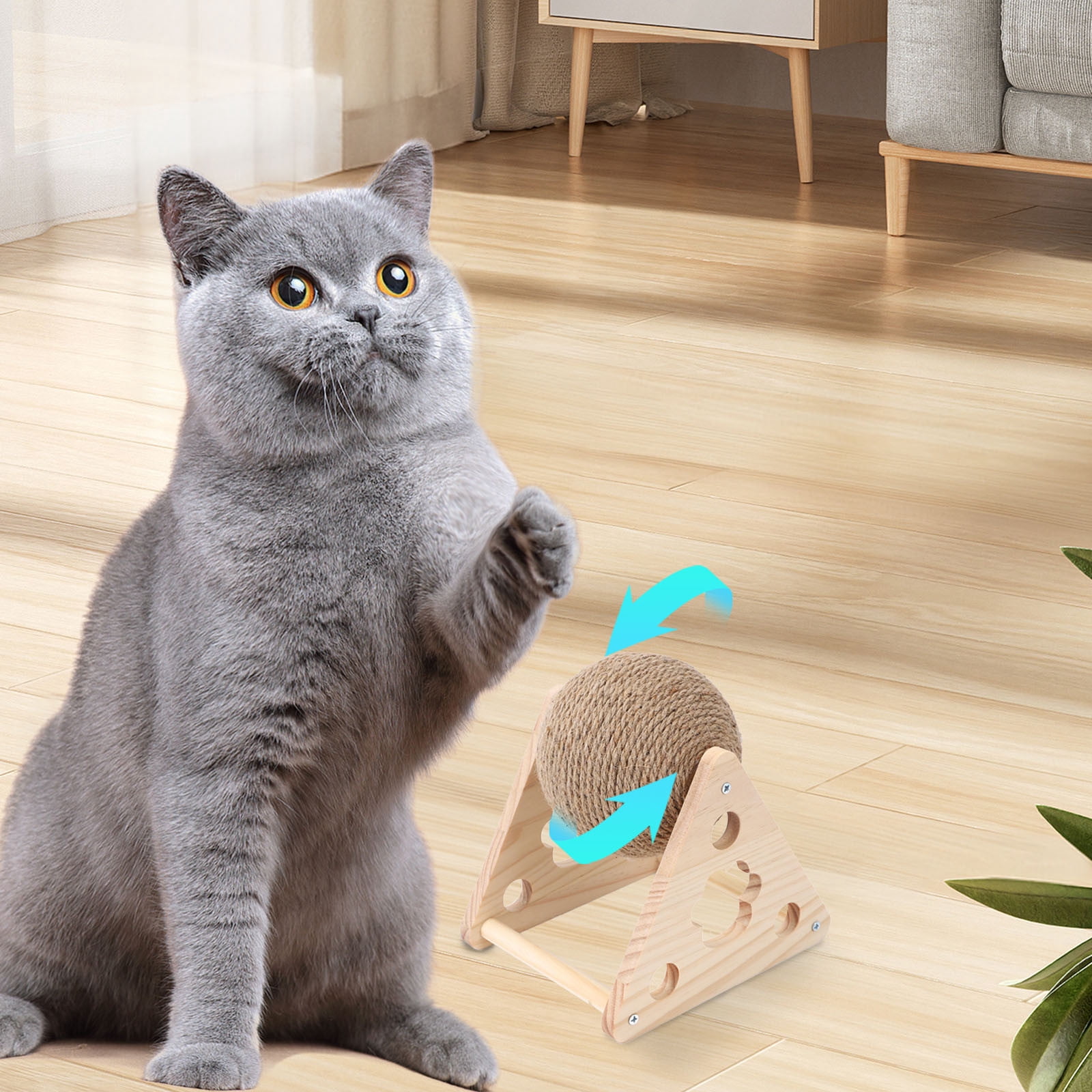 Natural Sisal Rope Cat Scratcher Ball - Interactive Pet Toy for Cats & Small Dogs - Solid Wood Base Scratching Post with Play Ball for Kittens & Puppies