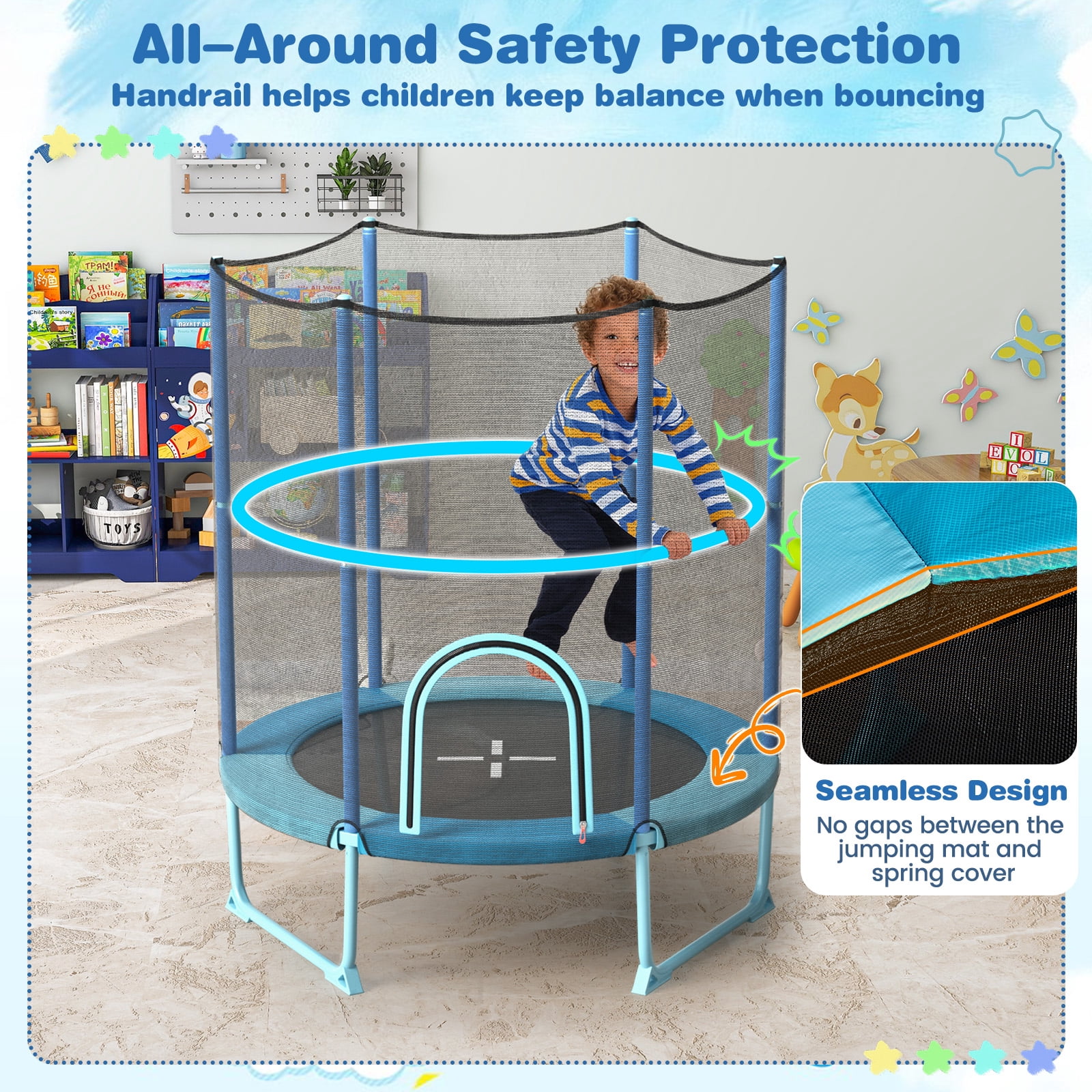 Infans 60" Trampoline for Kids w/Gymnastic Bar Rings Foamed Handle No Gap Design Blue