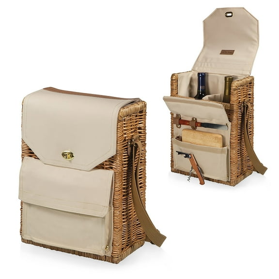 Picnic Time Corsica 2-Bottle Wine & Cheese Picnic Basket Tote, Insulated Wicker Set for Outdoor & Romantic Gifts, Beige Canvas