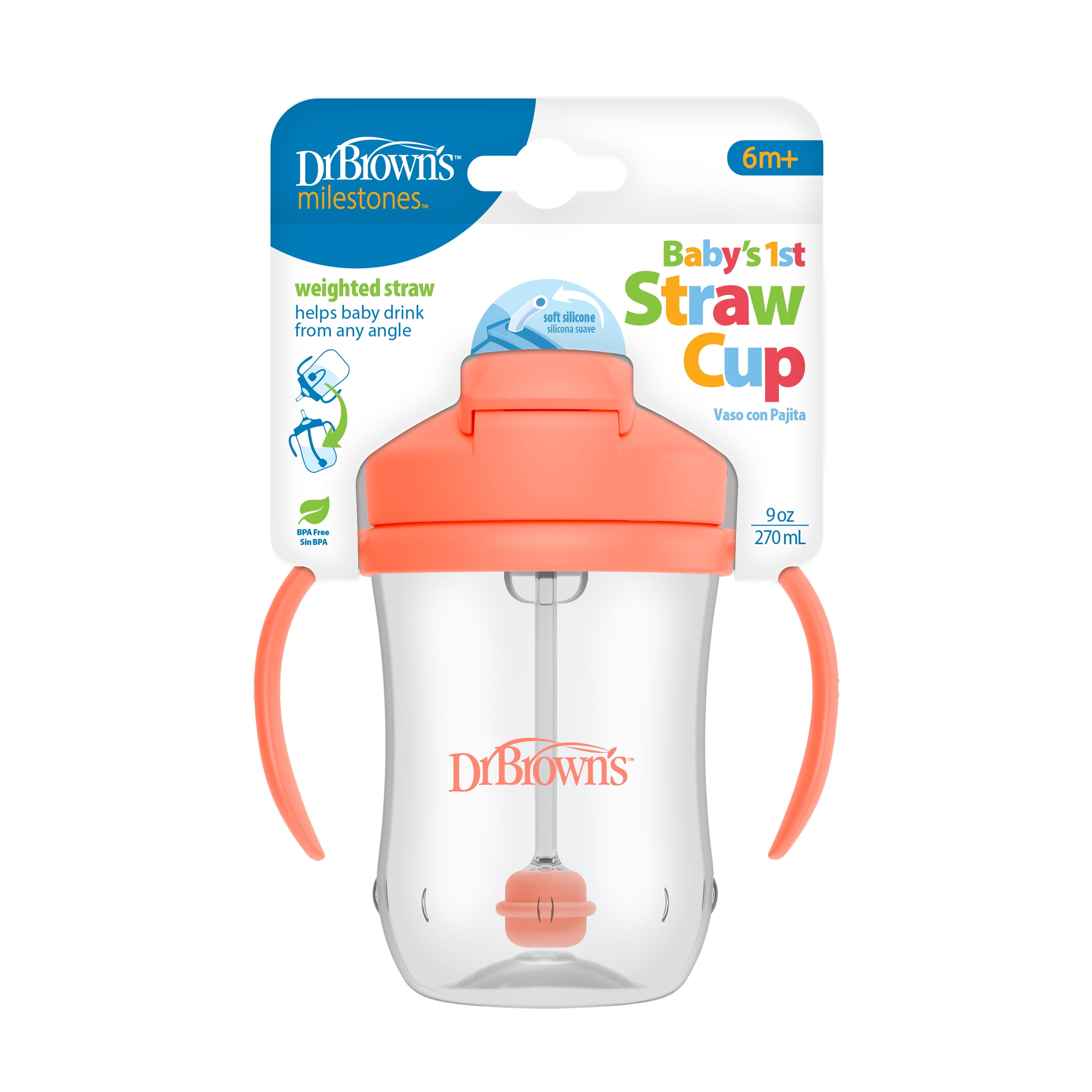 (3 pack) Dr. Brown's Milestones Baby’s First Straw Cup, Training Cup with Weighted Straw, Coral, 6m+