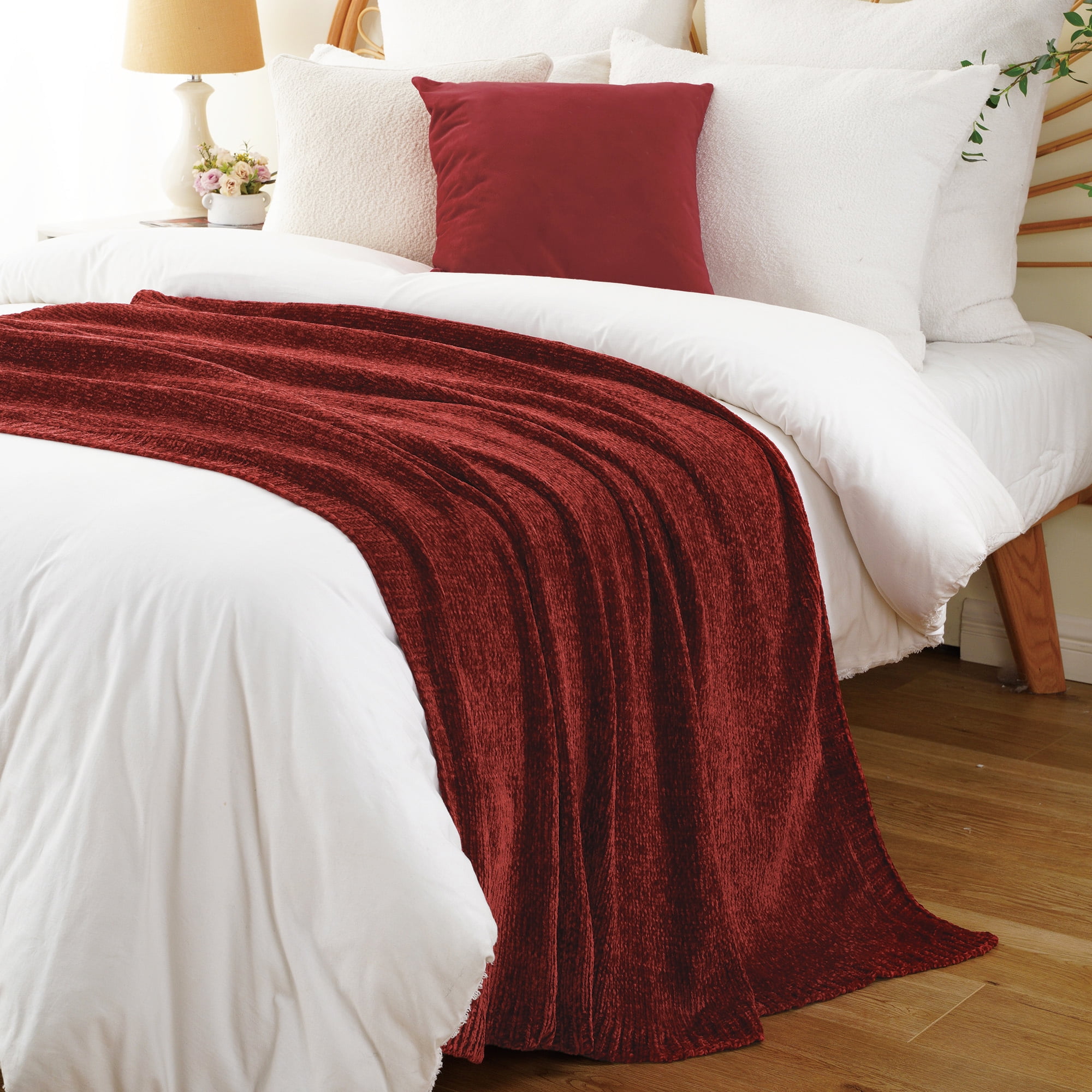 Battilo Burgundy Throw,Chenille Knit Dark Red Blanket,Christmas Decor,Housewarming Gifts,51"x67"
