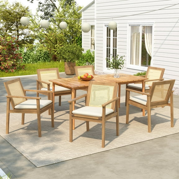 Christopher Knight Home 7-Piece Outdoor Dining Set, 67" Wood Table with Wicker Back Chairs, Beige Cushion