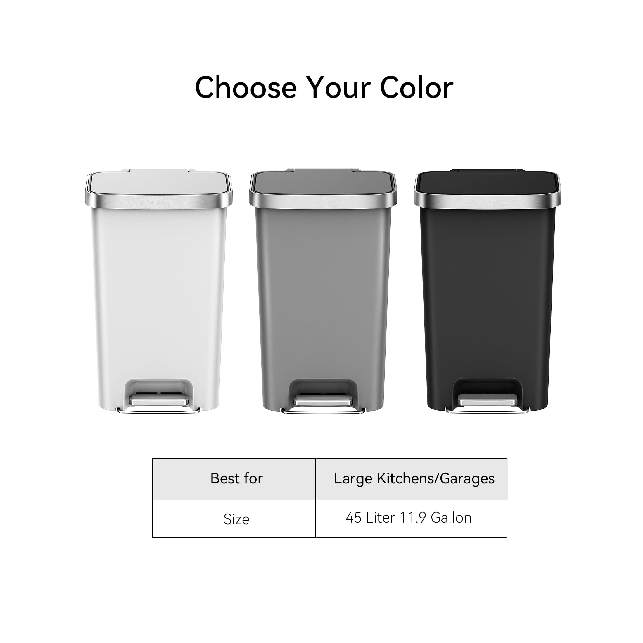 Better Homes & Gardens Kitchen Trash Can, 11.9 Gallon Plastic Step Garbage Bin with Soft Close Lid, Black