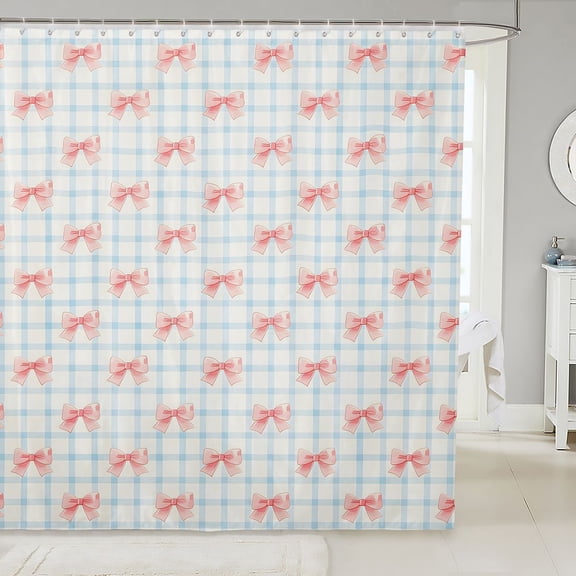 Manfei Modern Geometric Grid Shower Curtain 72Wx72L,Pink Kawaii Bowknot Bathroom Curtain
