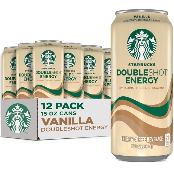 Starbucks Doubleshot Energy Vanilla, Strong Coffee Drink with 225 mg Caffeine, B vitamins, Guarana, and Ginseng, Rich & Creamy 15 Fl Oz Cans (12-pack)