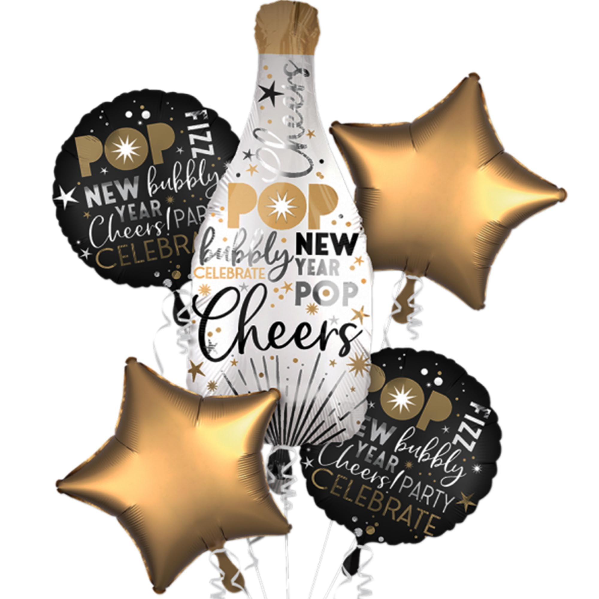 Party City Champagne Bottle New Year S Eve Balloon Bouquet Party Supplies 5 Count Walmart Com Walmart Com