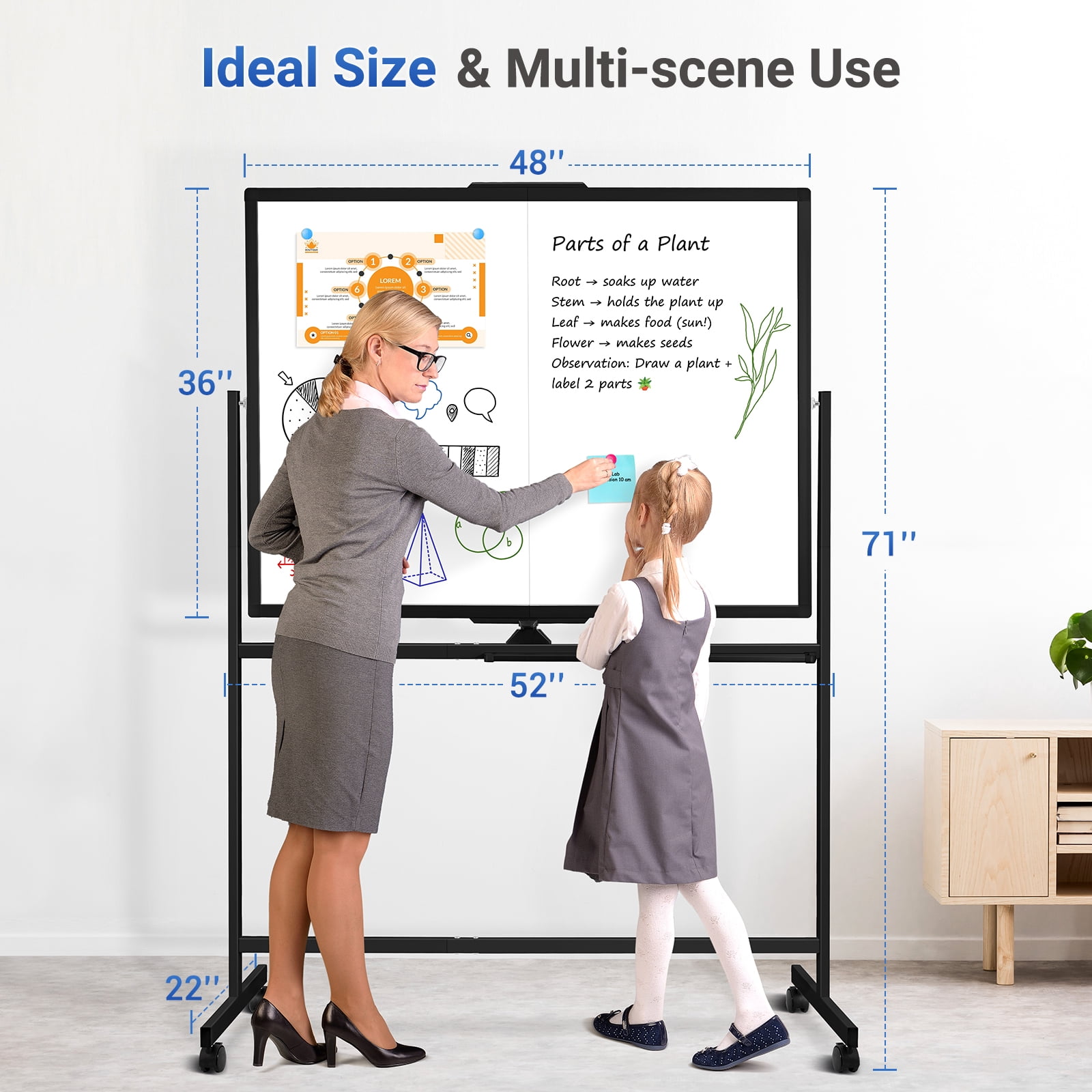 DOLLAR BOSS Rolling White Board Dry Erase Board Rolling 48"x36" Double Sided Large Standing Whiteboard Easel with Wheels Mobile White Board with Stand for Office, Classroom & Home, Black