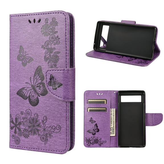 TechCircle Google Pixel 6 Wallet Case, Butterfly Flower Embossed PU Leather Magnetic Flip Kickstand Shockproof Cover with Card Slots & Wrist Strap - Purple