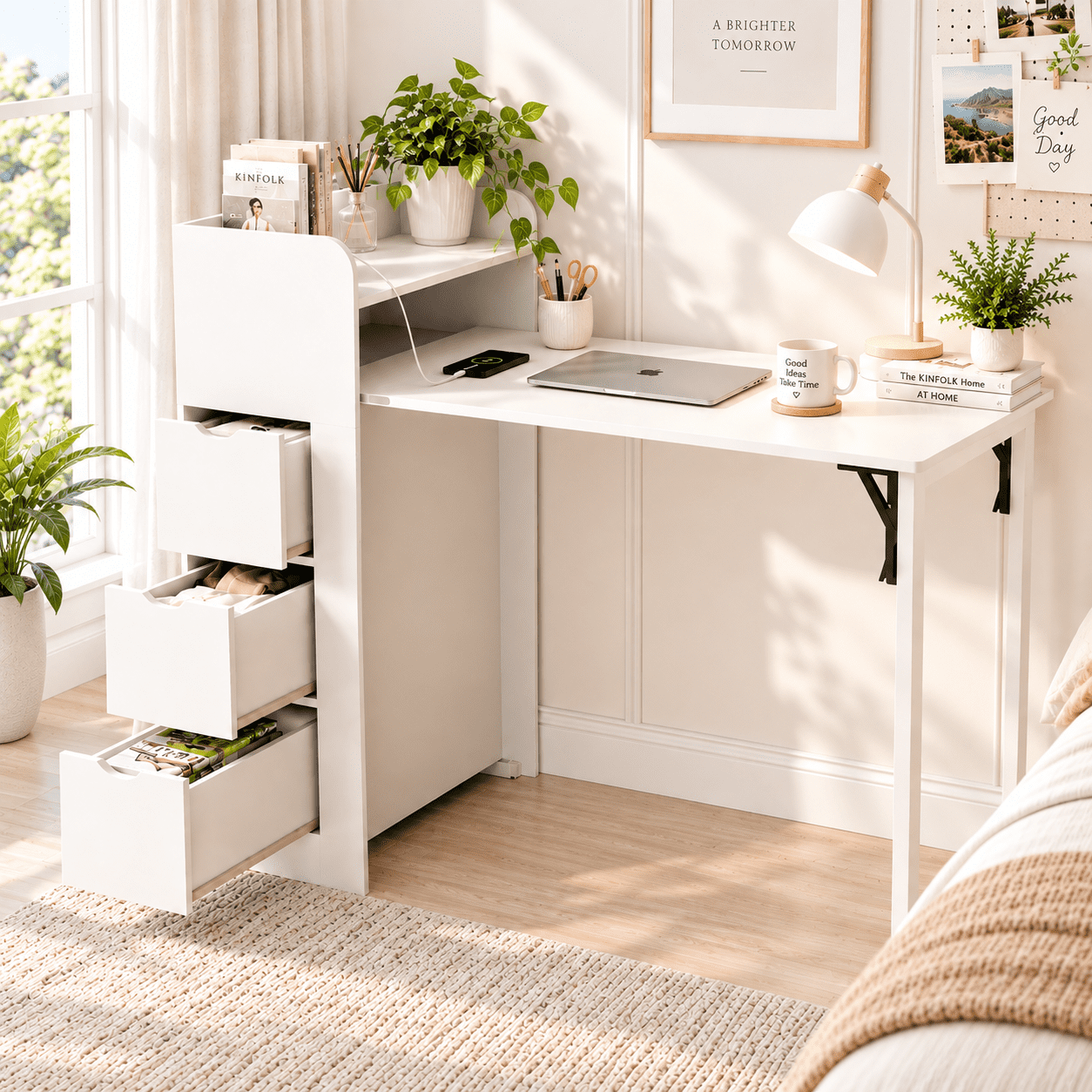 LAUSAINT HOME Wall Mounted Foldable Desk, Space Saving Hidden Desk with Storage & Power Outlet, Fold Out Table for Small Spaces, Home Office Bedroom, White