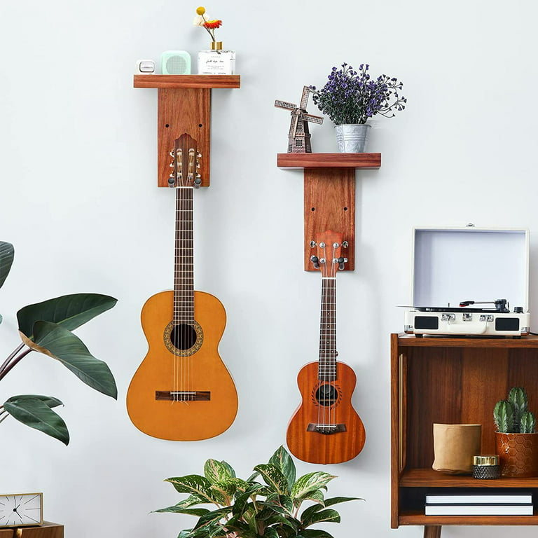 Guitar Wall Mount Hanger With Storage Shelf With 3 Metal Wood Rack