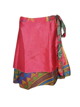Mogul Women Pink Vintage Silk 2 Layer Sari Reversible Mini Printed Wrap Skirts