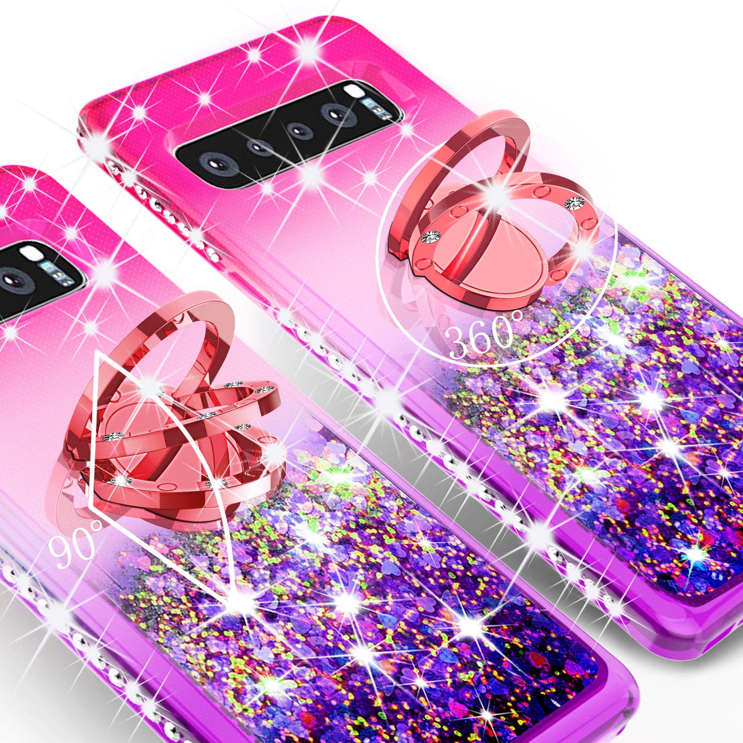 For Samsung Galaxy S10 Case,Ring Stand Glitter Liquid Quicksand Waterfall Floating Sparkle Shiny Bling Diamond Girls Cute Shock Proof Phone Case Cover for Galaxy S10 - Hot Pink/Blue - image 3 of 5