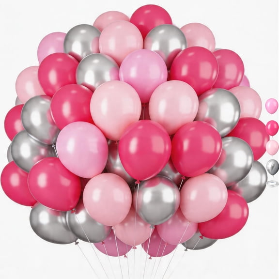 Pink Balloons Set, 60PCS Hot Pink Latex Balloons, 12 Inch Confetti Balloon Metallic Silver Balloons for Girls Women Baby Shower Wedding Birthday Party Decorations
