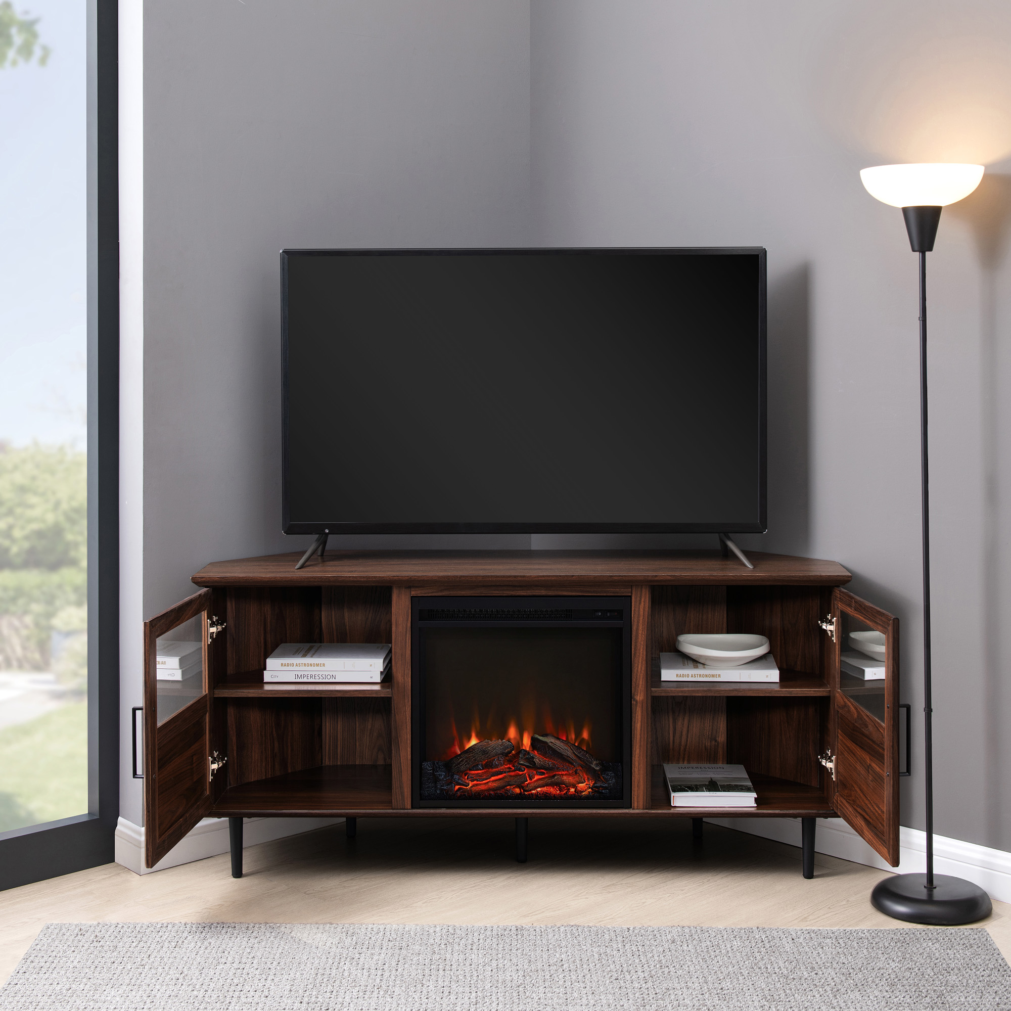 Walker Edison Panel Electric Fireplace Corner TV Stand for TVs up to 60”, Dark Walnut - image 3 of 11