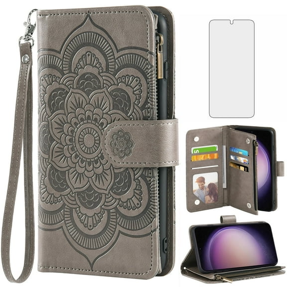 Compatible with Samsung Galaxy S23 5G Wallet Phone Case and Tempered Glass Screen Protector Flower Faux Leather Flip Credit Card Holder Stand Zipper Cell Cover for S 23 23S SM-S911U 6.1 inch Grey