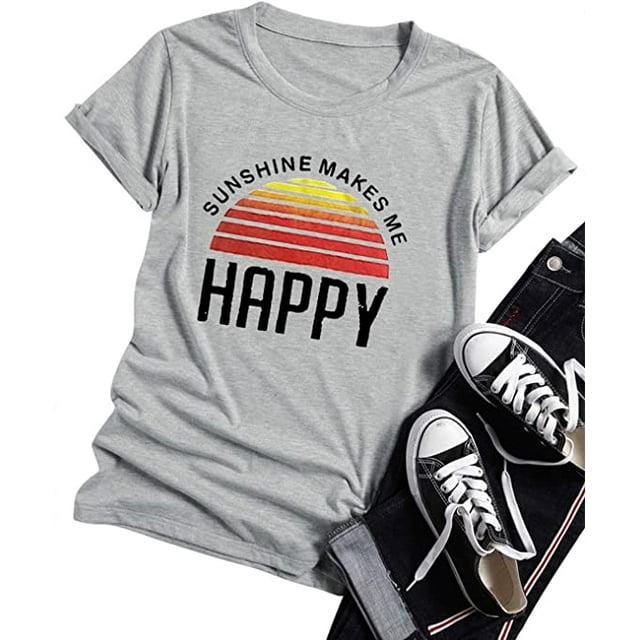 YourTops T-Shirt pour Femmes « Sunshine Makes Me Happy » T-Shirt Graphique Sunshine T-Shirt Décontracté (US S, Gris)