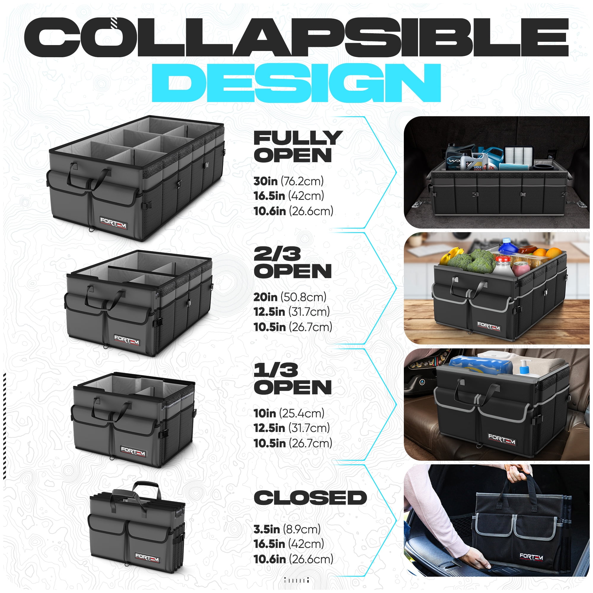 FORTEM Car Trunk Organizer, Collapsible Multi Compartment SUV Organizer, Foldable Storage for Car Accessories for Women Men, 600D Oxford, Non Slip Bottom, Securing Straps, Soft Cover (85L)