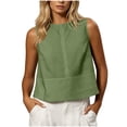thumbnail image 2 of CQONEPT Linen Tops for Women Loose Fit Cotton Sleeveless Round Neck Tank Top Casual Summer Beach Cropped Vest Green L, 2 of 7