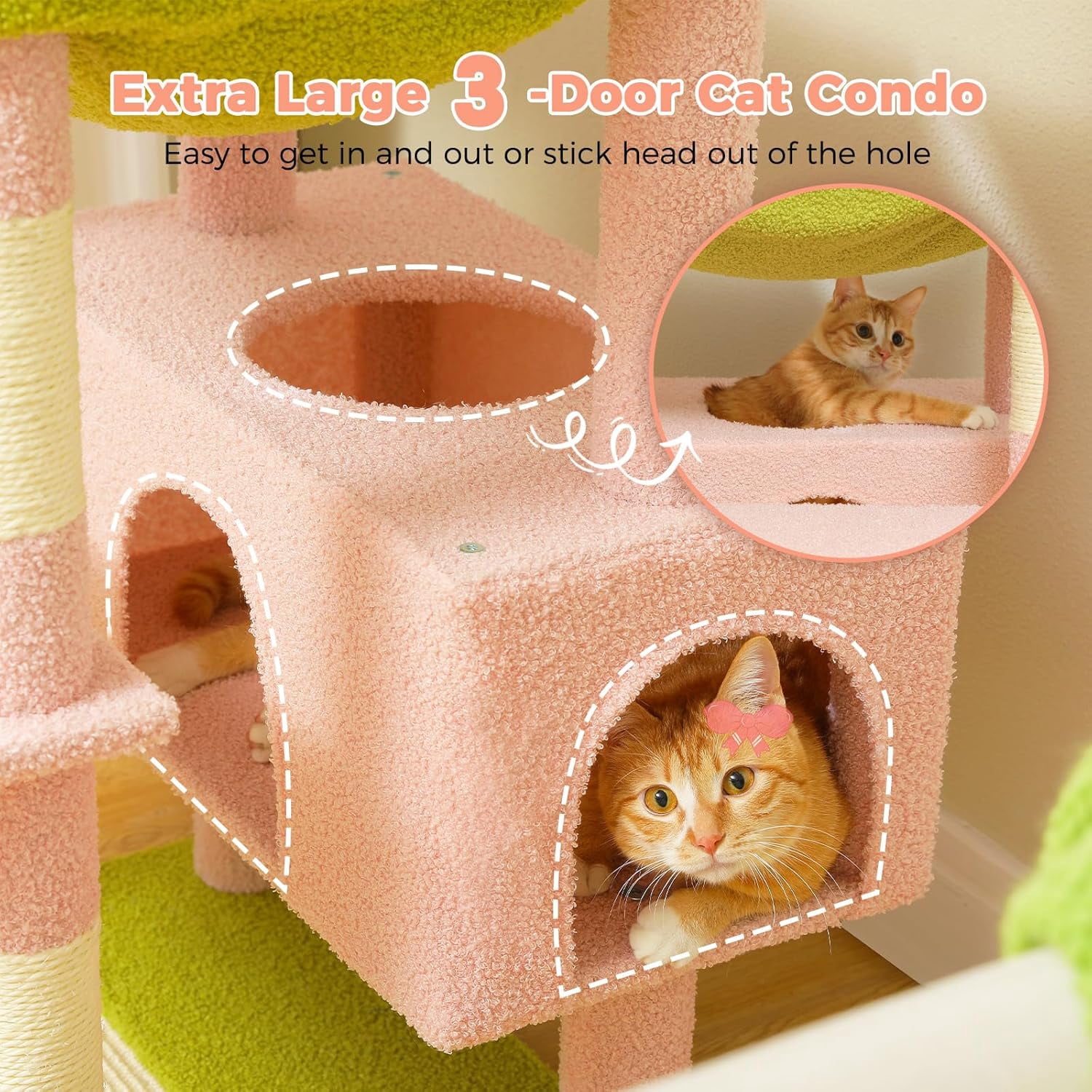 LEHOME Flower Cat Tree, 72 Inches Large Cat Tower with Steel Frame Hammock and 7 Scratching Posts, Tall Cat Tree with 2 Condos and Perches for Large Indoor Cats - Pink