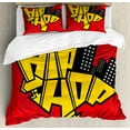 thumbnail image 1 of Hip Hop Queen Size Duvet Cover Set, Funky Graphic Hip Hop Font with Urban Downtown Skyline Illustration, Decorative 3 Piece Bedding Set with 2 Pillow Shams, Yellow Black and Vermilion, by Ambesonne, 1 of 3