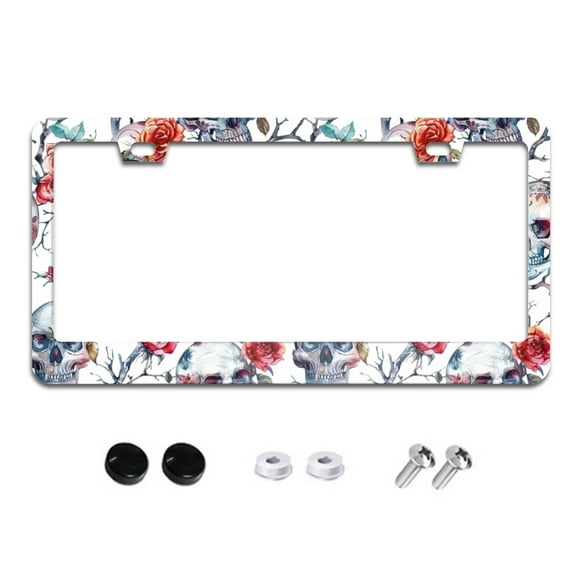 Gothic Skulls Roses and Branches License Plate Frames for Women Men Car Plate Holder Cover Metal Tag Aluminum Car Accessories Front Rear Plate Decor