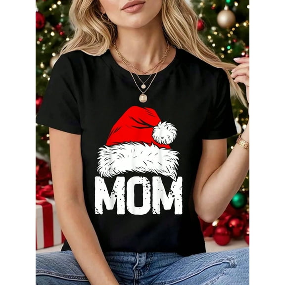 Mom Santa Christmas Family Matching Mama Xmas Mother Short Sleeve T-Shirt, Graphic Tees Women