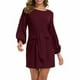 thumbnail image 2 of Vestido Corto De Manga Farol Larga, Vestido De Cóctel De Color Puro, Transpirable, Cuello Redondo, Cintura Elegante Para Citas ANGGREK Vino Tinto S, 2 of 6
