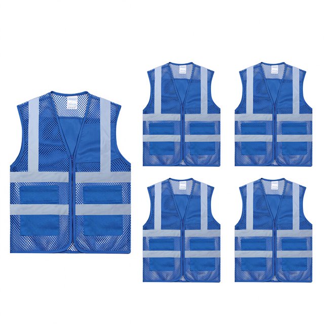 TOPTIE Lot de 5 Gilets de Bénévoles Unisexes de Sécurité Réfléchissants pour Course Cyclisme en Maille avec Poches-Bleu-TG