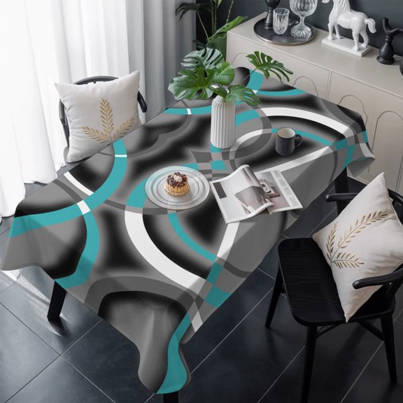 Turquoise Geometric Table Cloth Waterproof Tablecloths, Grey Classic Abstract Lines Striped Tablecloth Dining Table Cover for Kitchen Party Tabletop Outdoor, Rectangle Tablecloth 54x108 Inch