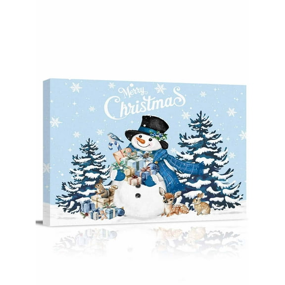 Blue Snowman Canvas Print Wall Art Framed Canvas Art Wall Decor Christmas Tree Winter Snowflake Light Blue Pictures Painting Morden Artwork for Living Room Bedroom, Ready to Hang - 12"x16"